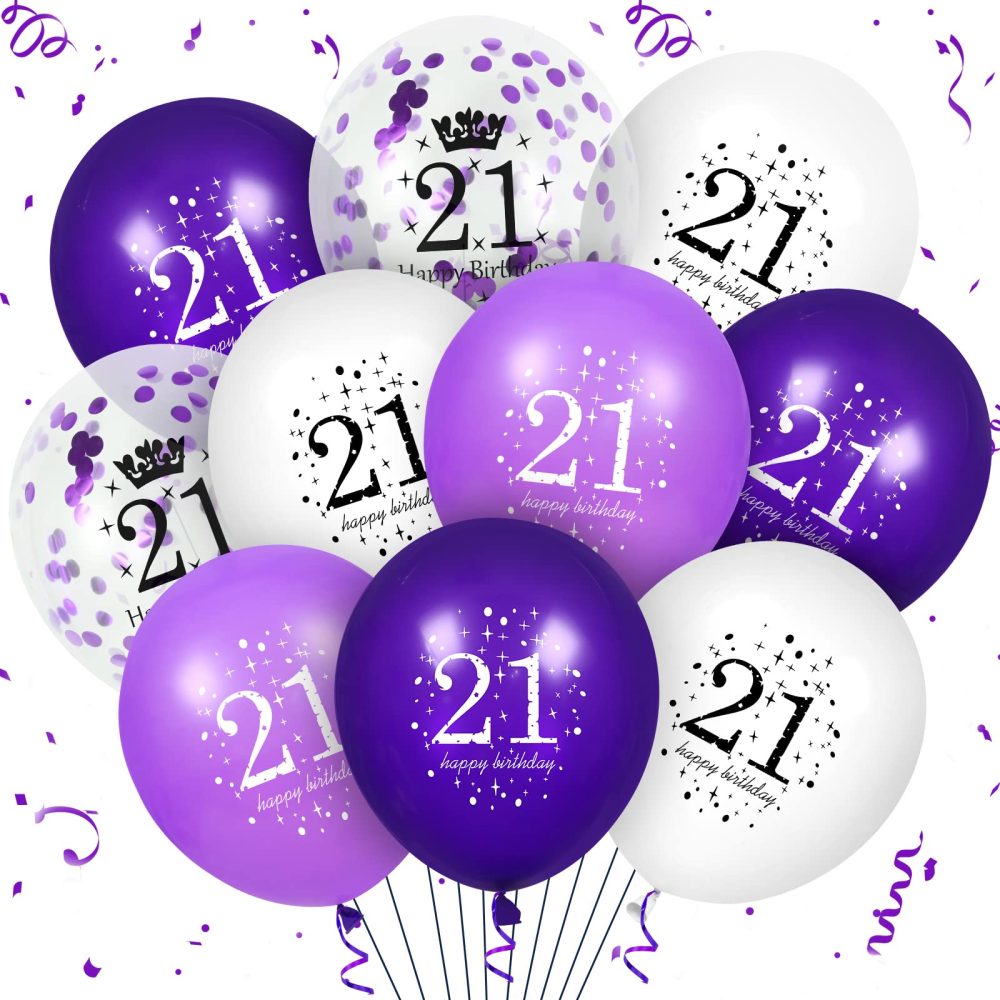 Rumia 21st Purple Birthday Balloons Decorations, 16 PCS Purple White Confetti Latex Balloons for Women Men Happy Birthday Party Wedding Anniversary Indoor Outdoor Party Supplies,12 Inch (21st)