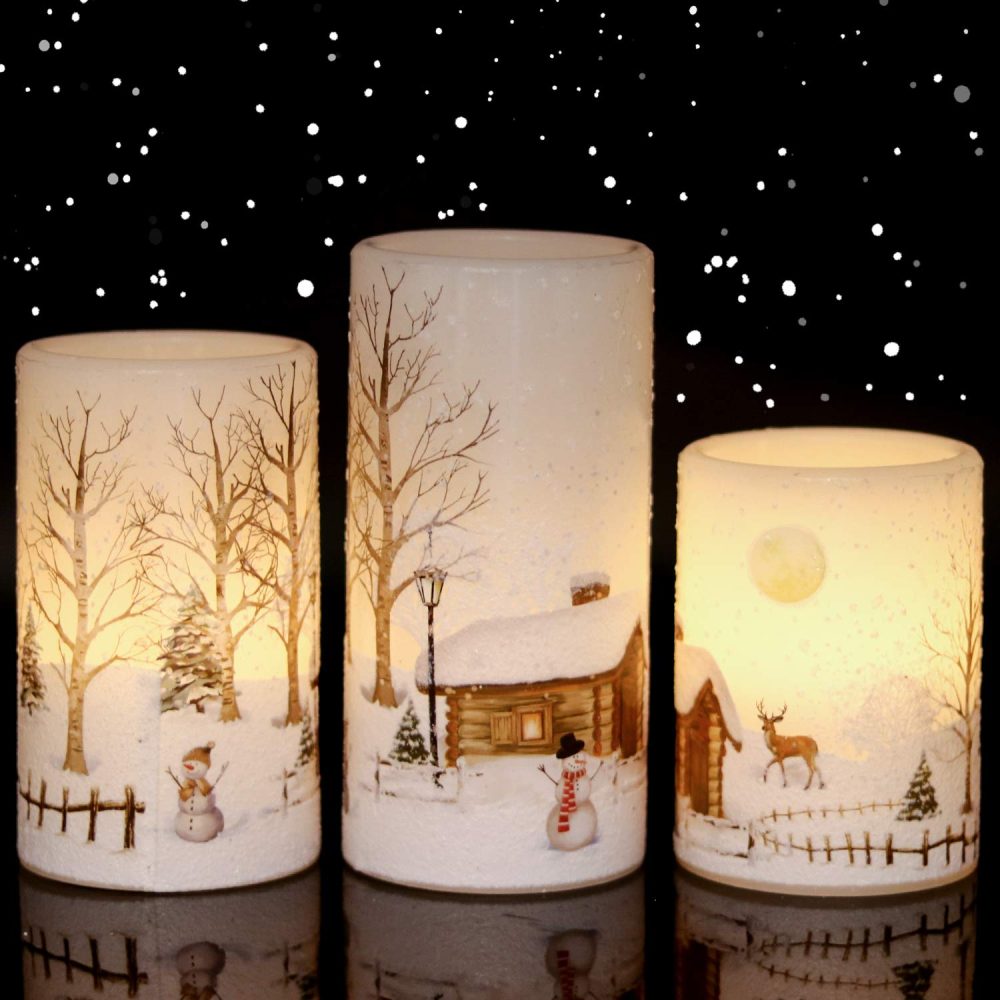 Eldnacele Christmas Flameless Candles Flickering with 6H Timer, 3 Pack Snow Scene Snowman Decal Real Wax Candles Lights LED Flames for Christmas Home Decoration Powered by 2 AA Batteries