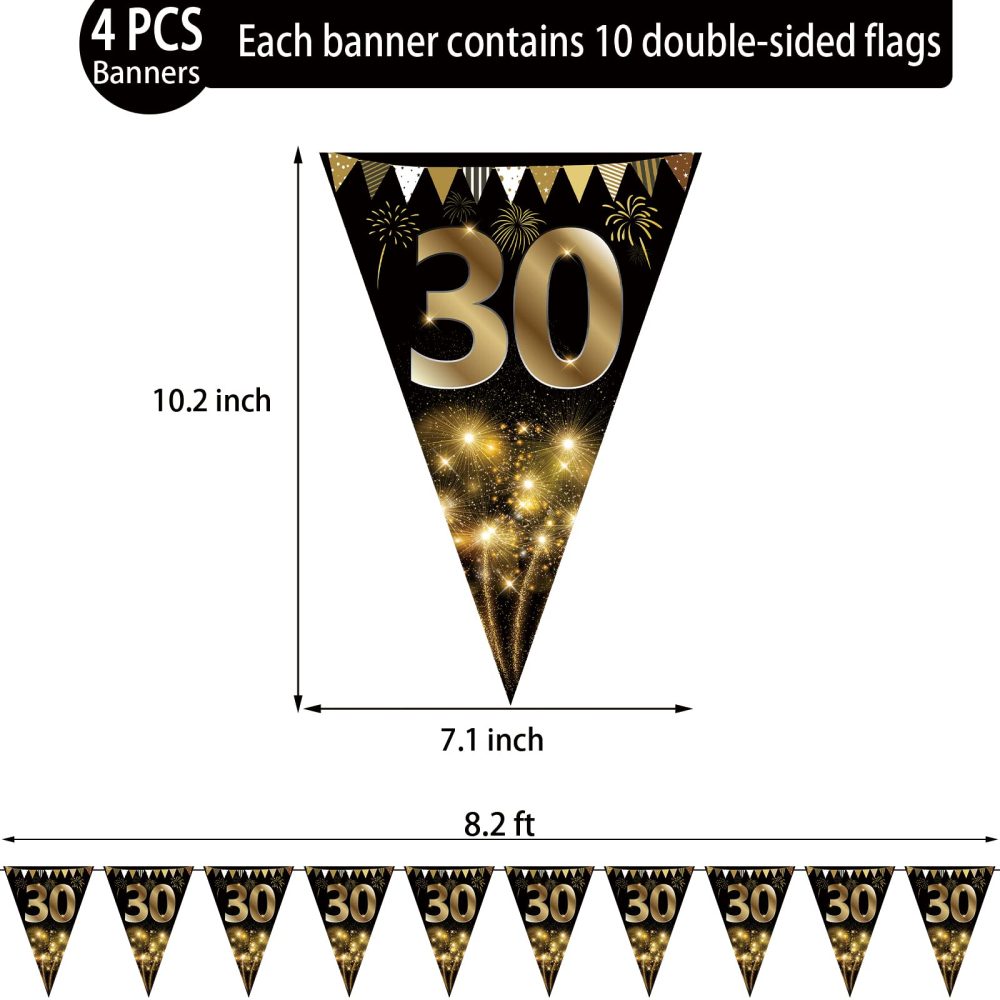 40Pcs Happy 30th Birthday Banner Bunting Flags Gold and Black Glitter 30th Birthday Anniversary Party Decoration Supplies,30th Birthday Triangle Flag Banners for Men Women - Image 6