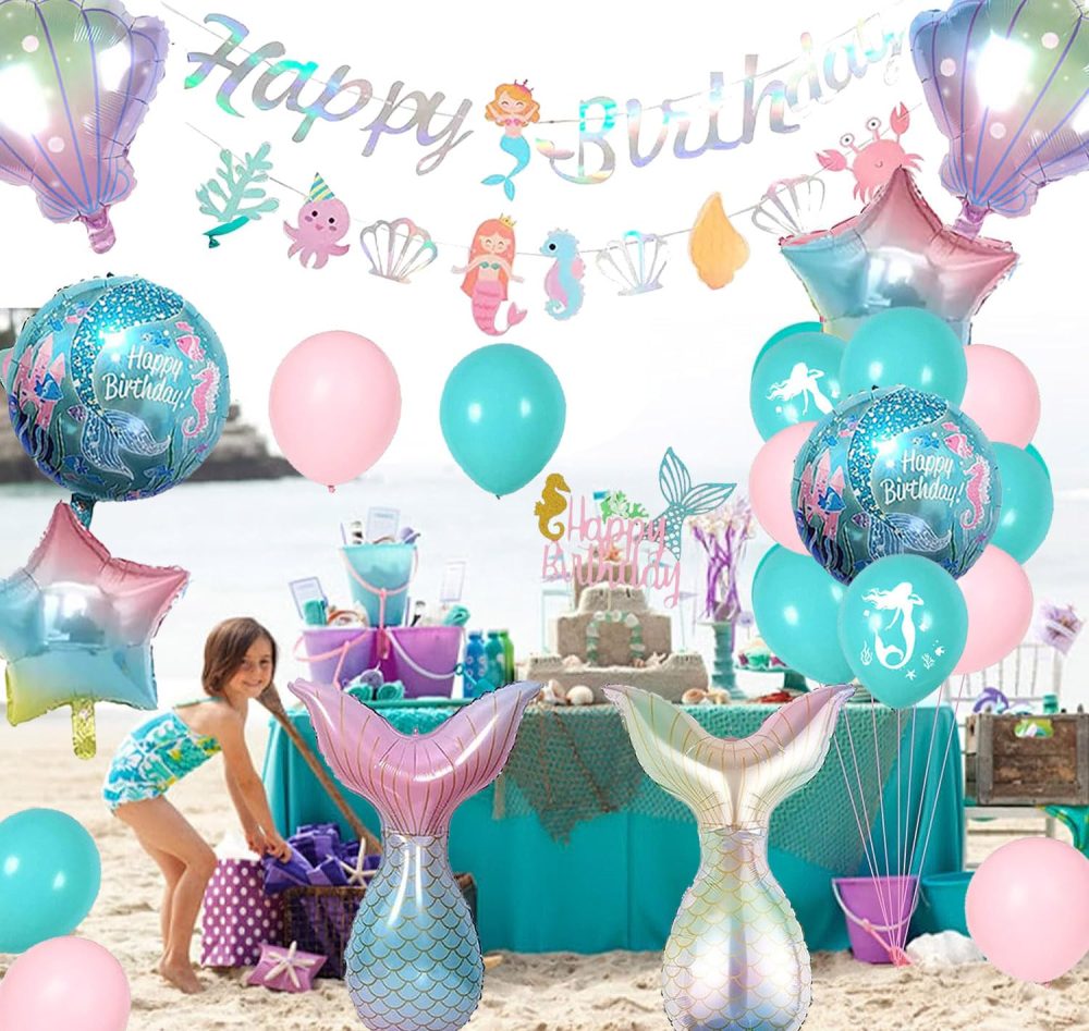 Mermaid Birthday Decorations Little Mermaid Party Decorations 7rd Birthday Decorations For Girls Include Mermaid Balloons Mermaid Number Balloon 7 Mermaid Bunting Happy Birthday Banner - Image 2