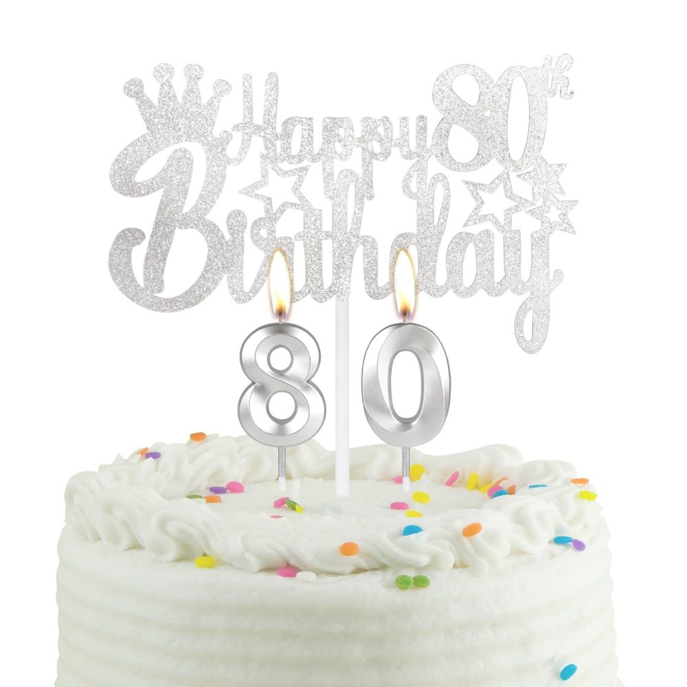 80th Silver Birthday Cake Candle, Party Candle with Cake Topper, Silver Party Candle Cake Topper for Boys Girls Men Women, 80th Birthday Decoration, Wedding Anniversary