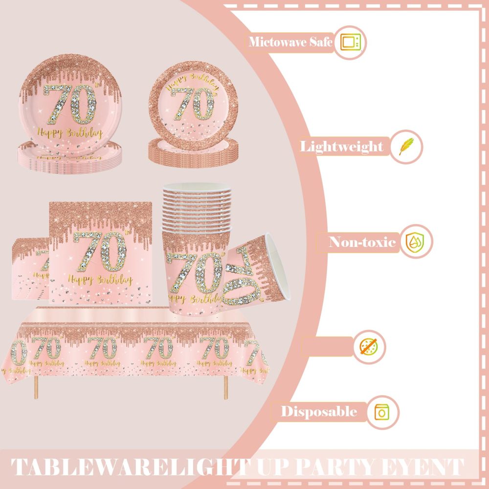 69pcs Rose Gold 70th Birthday Decorations,Happy 70th Birthday Tablecloth,Paper Plates,Napkins Serviettes and Cups Sets for 70th Birthday Table Decorations for Women,Men,Him,Her 70th Birthday Gifts - Image 4