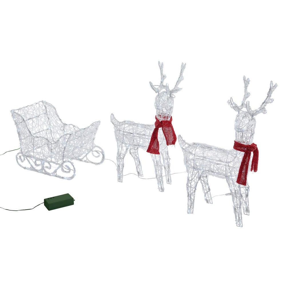 Lights4fun 68cm Battery Operated Christmas Reindeer & Sleigh Light Up Acrylic Figure Garden Decoration with 240 White LEDs & Timer for Indoor and Outdoor Use - Image 2
