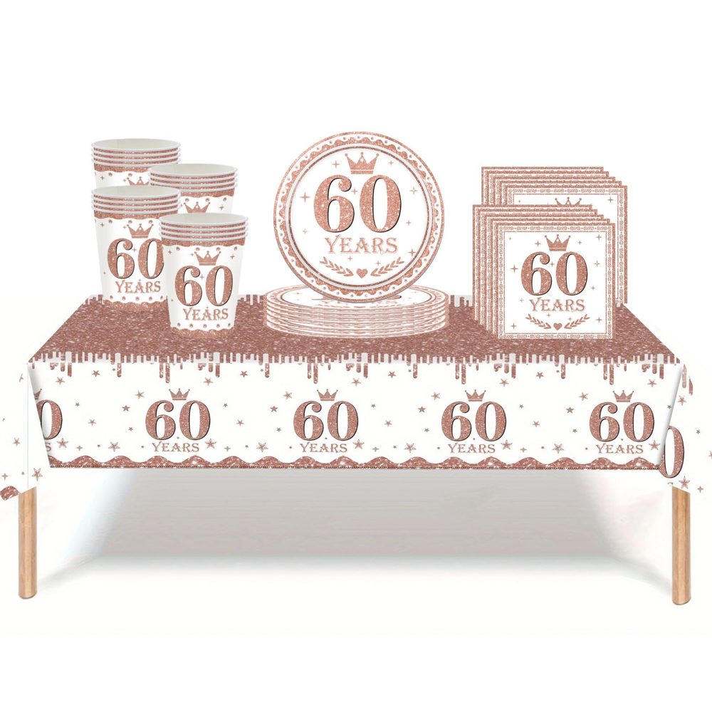 53Pcs Rose Gold 60th Birthday Party Tableware Decorations,60th Birthday Table Cloth Plates and Napkins Cups Sets for Her Women Birthday Table Decorations for 60th Birthday Gifts Dinnerware Supplies
