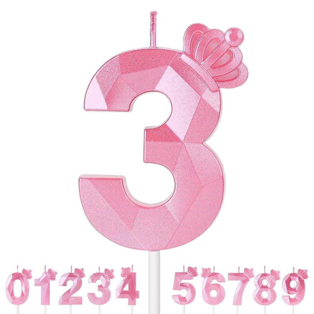 Birthday Candles,7cm 3D Crown Pink Glitter Number Candles Birthday Candles for Cakes, for Birthday Anniversary Wedding Party Graduation Party（3）