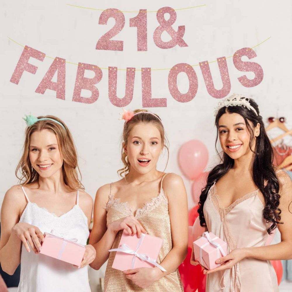 "21 & Fabulous" Birthday Banner,3M Long Rose Gold Glitter 21th Banner Great for 21th Birthday Party Decor (Rose Gold 21th) - Image 3