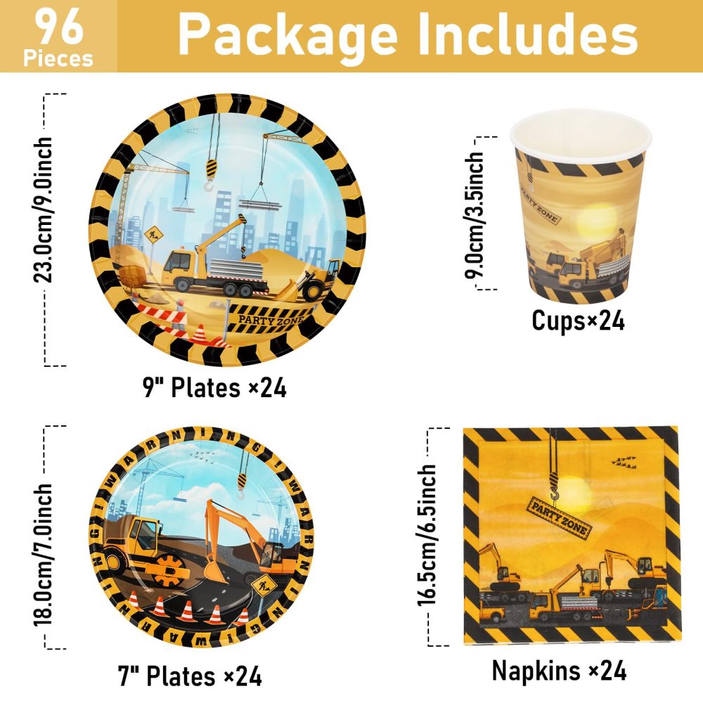 PARTY GO 96 Pcs Construction Birthday Tableware Set, Paper Plates Cups and Napkins, Disposable Dinnerware Party Supplies for Birthday Party Wedding Baby Shower Engagement Decorations Serve 24 Guests - Image 7