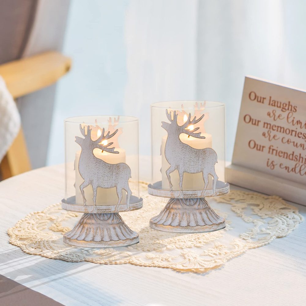 Sziqiqi Vintage Antique Metal Pillar Candle Holders Set of 2, Distressed Hurricane Candlestick Candle Holders Prefer Centerpieces for Christmas Table Mantle Fireplace Decoration, Deer - Image 4