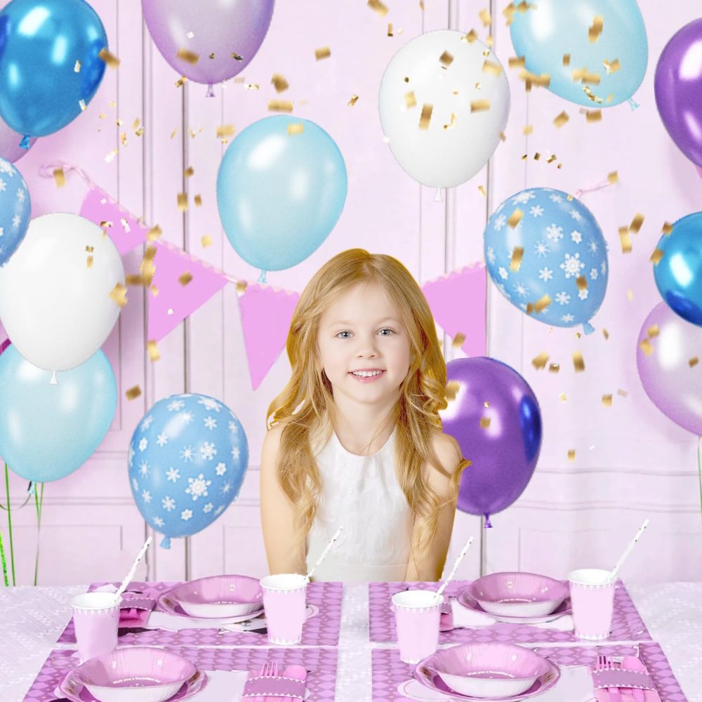 Paready Frozen Balloons Set, 50Pcs Purple Blue Snow Print Balloons, 12 Inch Metallic Pearl Light Purple Blue White Balloons Blue Snow Print Balloons for Winter Theme Frozen Birthday Party Decorations - Image 5