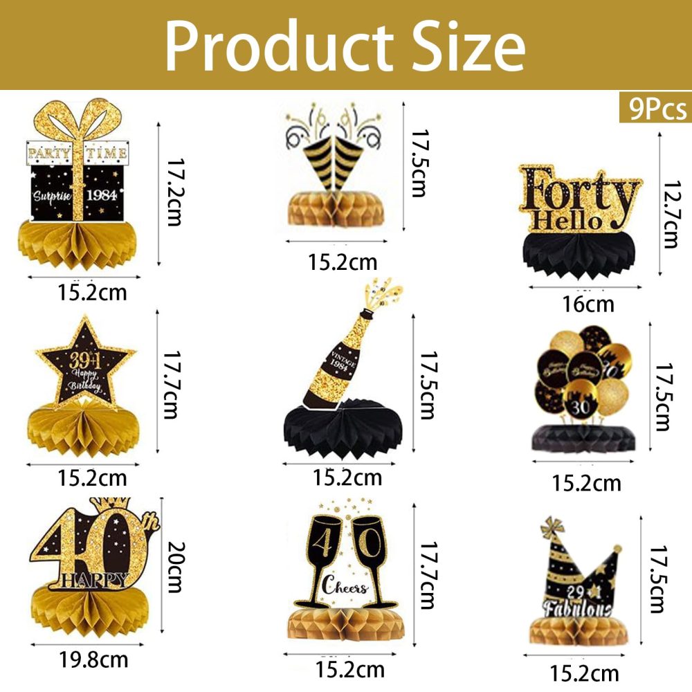 9Pcs 40th Birthday Decoration, Black Gold Honeycomb 1984 Aged Vintage Centerpieces for Tables Toppers,40th Anniversary Birthday Party Supplies (40th Birthday) - Image 7