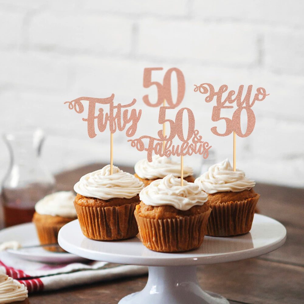 Blumomon Rose Gold Glitter 50th Birthday Cupcake Toppers Happy Birthday 50 Fabulous Cupcake Toppers Happy 50th Cake Decorations for 50th Birthday Happy 50th Theme Party Supplies - Image 4