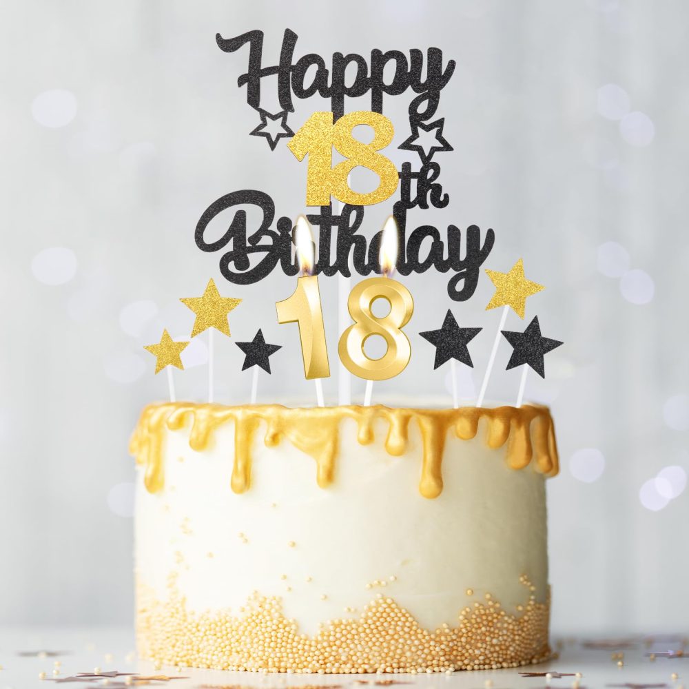 Black Gold 21th Happy Birthday Candles Cake Toppers Set, Number 21 Candle for Cake, Gold Candles for Women Men Birthday Decorations, Star Cake Toppers for Girls Boys Birthday Party Wedding Anniversary - Image 3