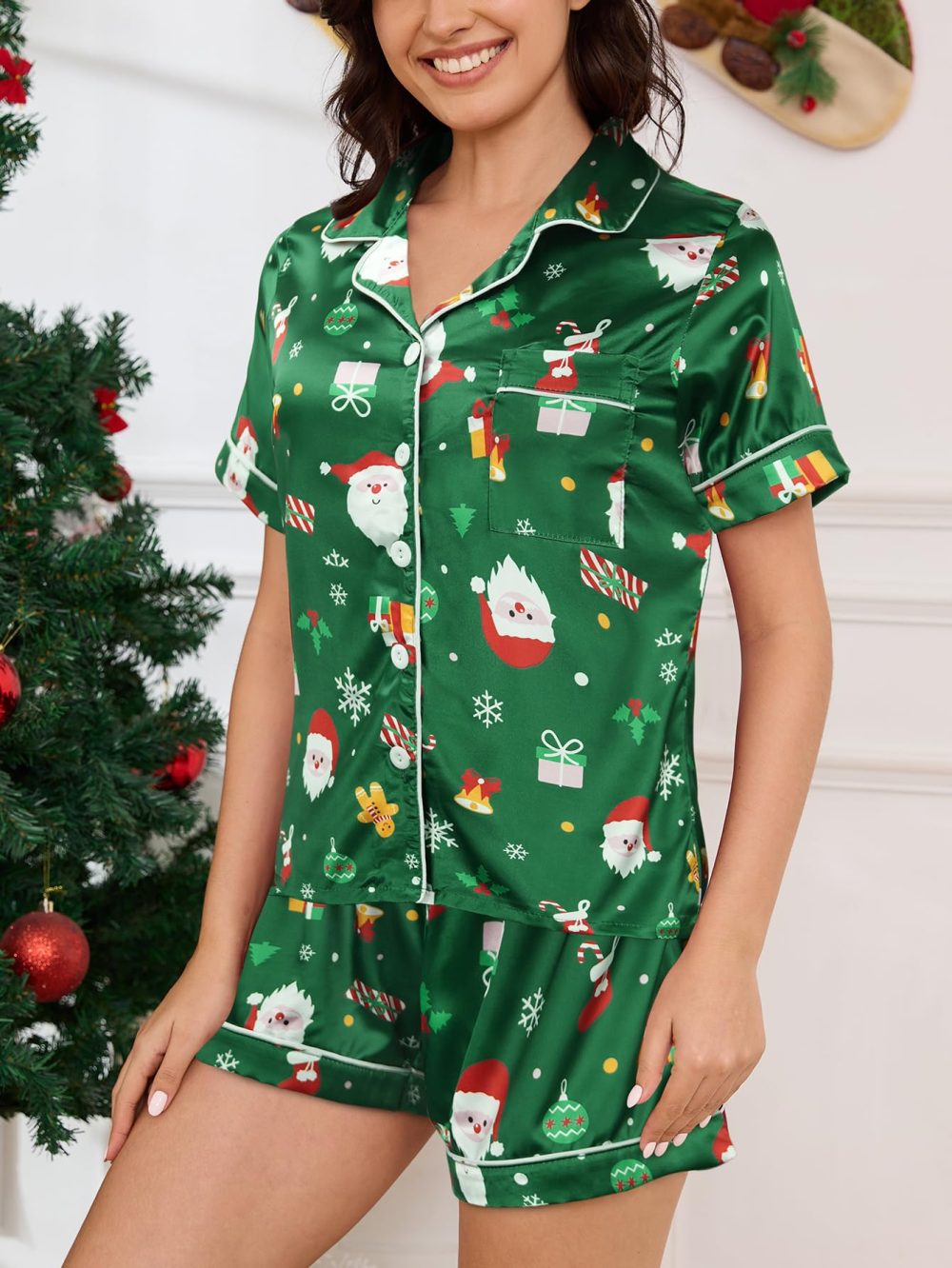 MyFav Women's Silk Satin Christmas Pyjamas Funny Print Short Sleeve Sleepwear Soft Button Down Pj Set 2 Piece Lounge Sets,Santa Claus,M - Image 3