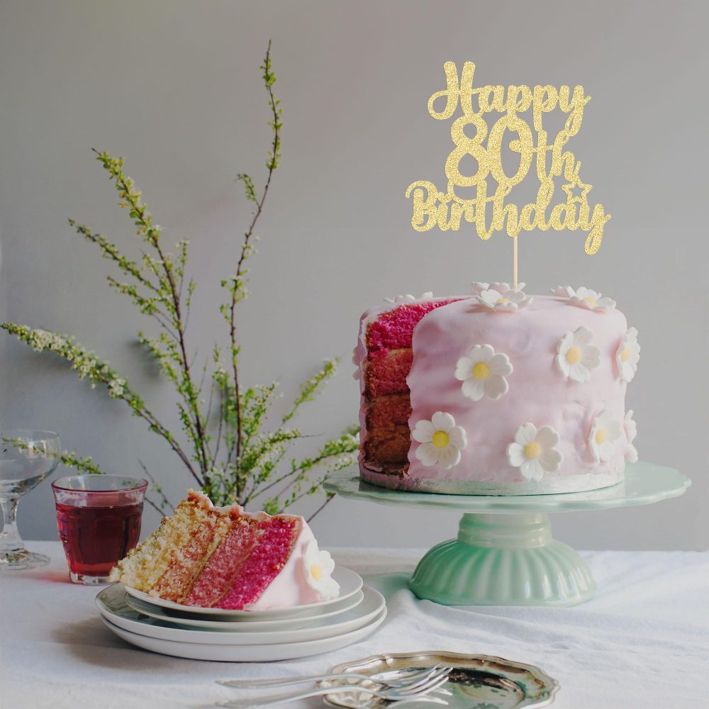 Gyufise 1Pc Happy 80th Birthday Cake Topper Glitter Cheers to 80 Years Old Birthday Cake Pick for Happy 80th Birthday Anniversary Party Cake Decorations Supplies Gold - Image 4