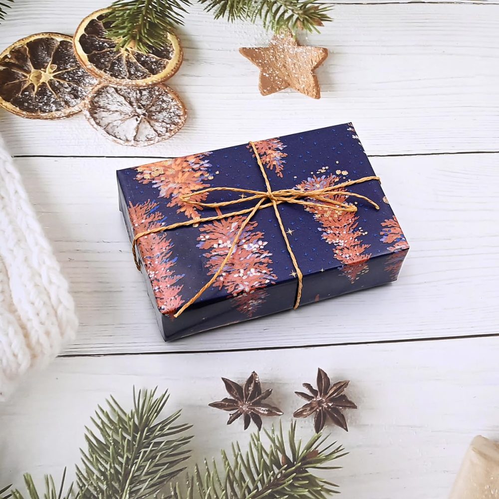 43cm*10m Purple Christmas Wrapping Paper Roll Printed With Pink Xmas Tree, Topeedy Recyclable Xmas Wrapping Paper for Christmas Party Gift Boxes Packing- pink tree - Image 3