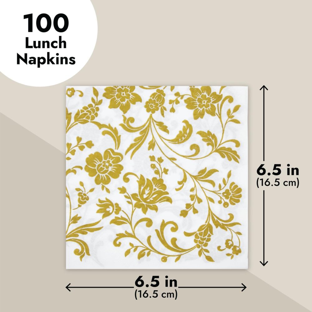 100 Pack Gold and White Floral Paper Napkins, Disposable Party Napkins, Soft Serviettes for Wedding, Anniversary Party Supplies, 16.5 x 16.5 cm - Image 6