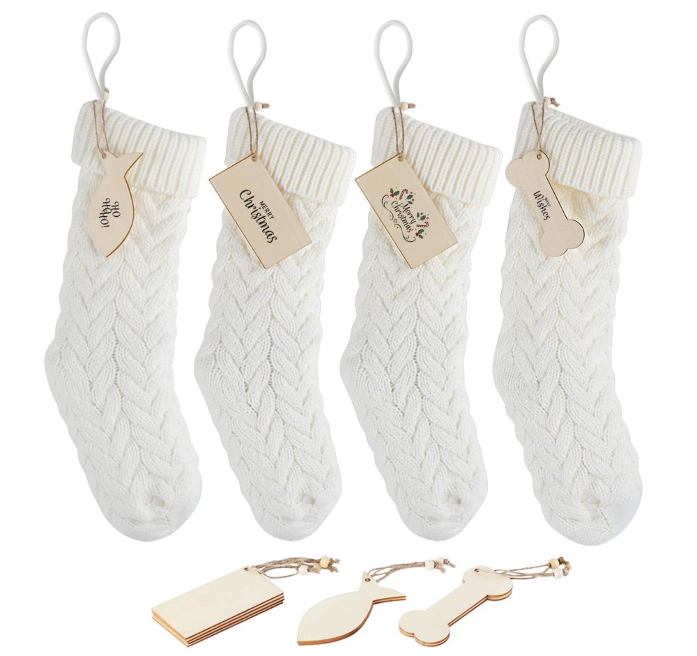 ABSOFINE Christmas Stockings White Knit Christmas Stockings 4 Pack Large Hanging Stockings Decoration… (18 inch)