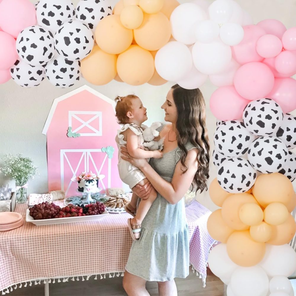 JOYMEMO Farm Animals Birthday Decorations for Girls, Cow Print Pink Balloon Garland Arch Kit, Farmhouse Barnyard Party Supplies with Backdrop for 1st 2nd Birthday - Image 4