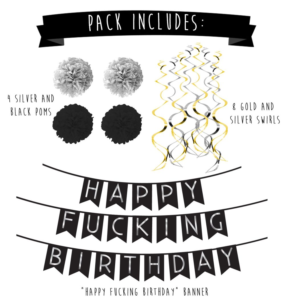 Funny Birthday Party Pack – Black & Silver Happy Birthday Bunting, Poms, and Swirls Pack- Birthday Decorations - 21st - 30th - 40th - 50th Birthday Party Supplies - Image 5