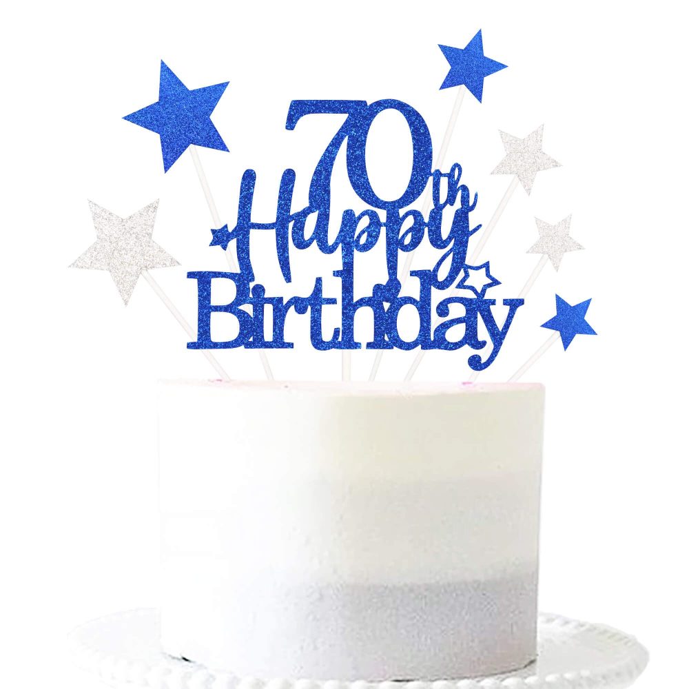 Glittery 70th Cake Topper with Star men women 70 Birthday Party Supplies,Seventy Years Old Birthday Party Decorations Royal Blue