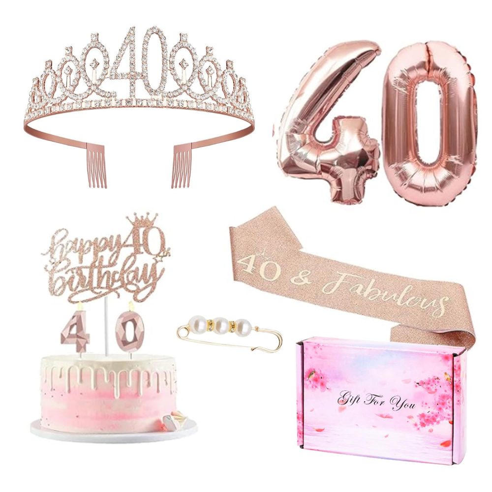 40th Birthday Party Decorations for Women,40th Birthday Tiara and Sash Rose Gold,40th Birthday Balloons,40th Birthday Candle,40th Birthday Cake Topper,Pearl Pin,Birthday Party Supplies for 40th Women