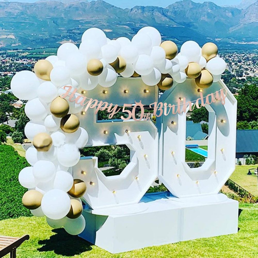 Happy 50th Birthday Banner Crown Garlands Backdrop Bunting Fifty Years Old Anniversary Photo Booth Background DIY Party Decoration Supplies for Boys or Girls Living Room(Rose Gold) - Image 3