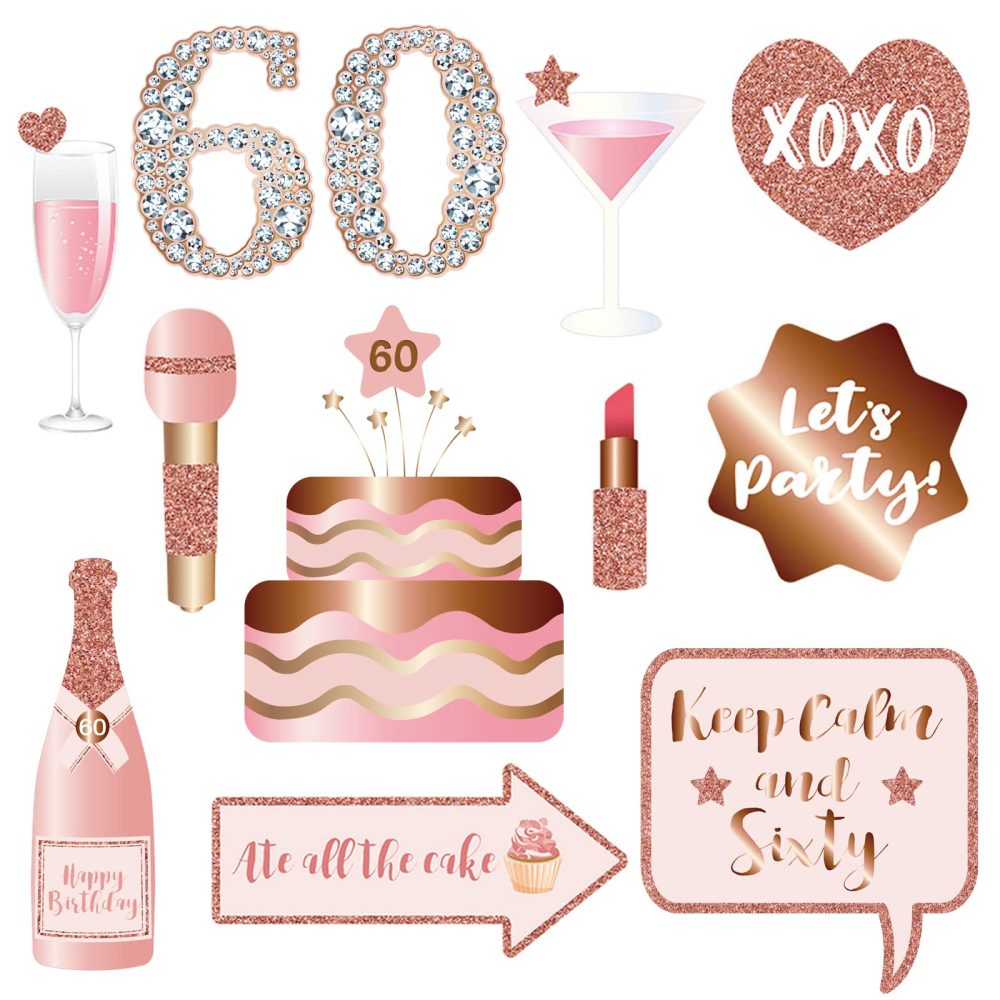 60th Birthday Party Photo Booth Props and Signs, Rose Gold 60 Birthday Party Selfie Props Kit with Sticks for Girls Women, Sixty 60th Happy Birthday Party Decorations Supplies Favors - Image 4