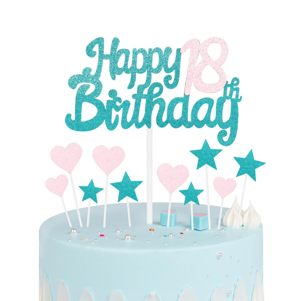 Blue Pink 18th Birthday Cake Topper, Girls 18th Birthday Decorations, Glitter Heart Stars Cake Toppers, Personalised Happy Birthday Cake Cupcake Toppers for Women Girls Baby Birthday Party Supplies