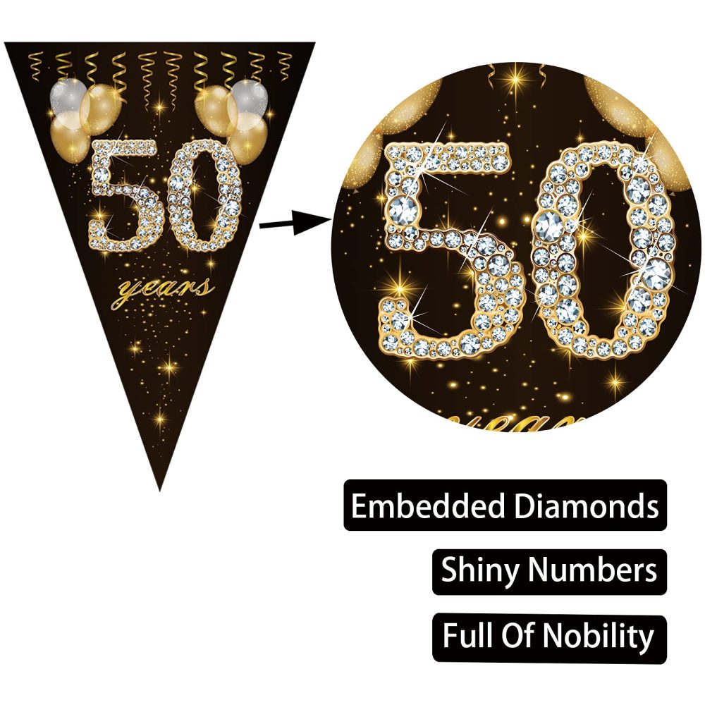 50th birthday bunting, Happy Banner Bunting Flags, 40 Pieces Triangle Gold Black Glitter Diamond by Numbers 50th Birthday Anniversary Theme Party Decoration Supplies - Image 6
