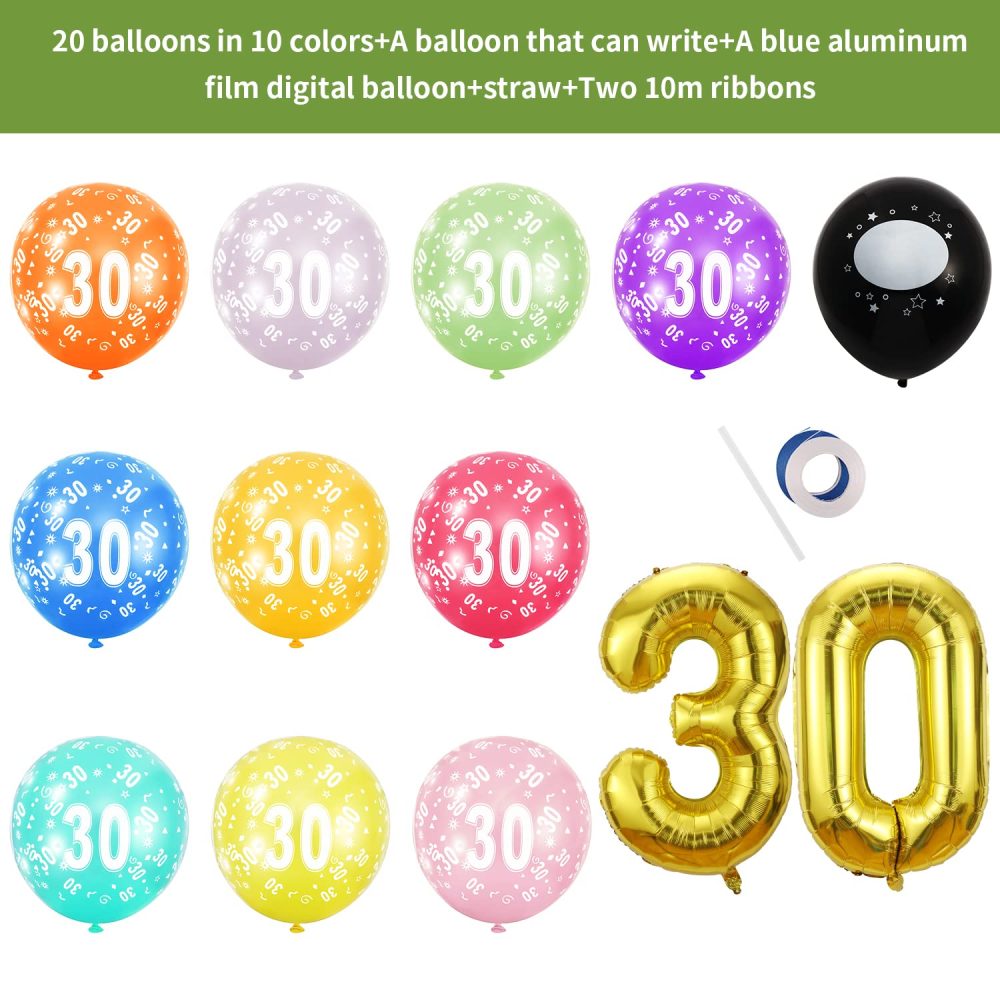 30th Birthday Balloons,Gold Number 30 Balloon and 20pcs 12" Multicoloured Numbers Printed Latex Age Balloons,Birthday Balloons for Women Men Birthday Decorations,30th Anniversary Party Supplies - Image 6