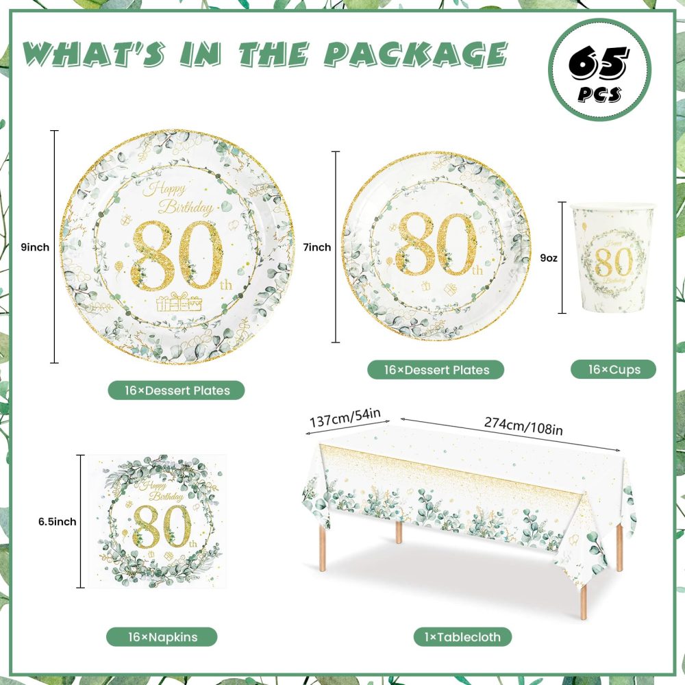 65 pcs Birthday Party Decorations,Paper Plates 7 and 9inch,Napkins Serviettes and Cups Set,Eucalyptus Tablecloth, Happy Birthday Party Tableware Table Decorations (80th) - Image 7