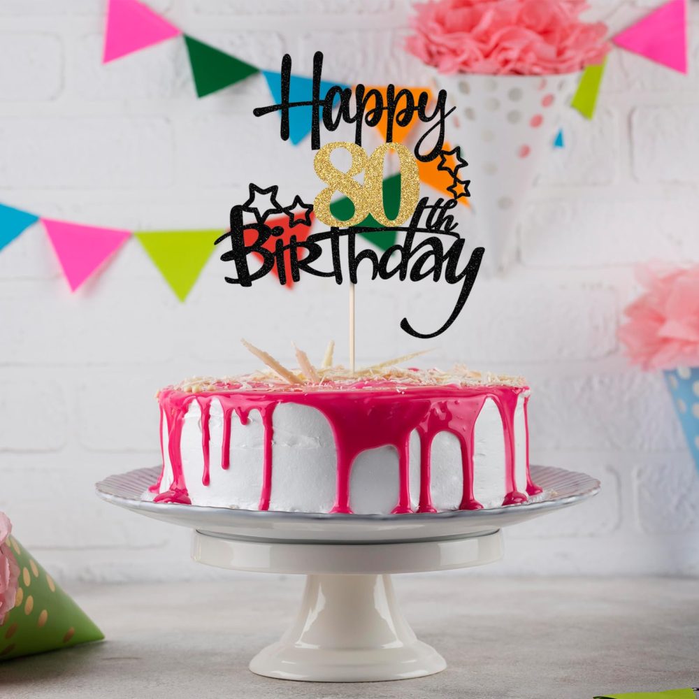 JEKUGOT 80th Birthday Cake Toppers, Black and Gold Glitter Cake Decorations, Happy 80th Birthday Cake Toppers for Men and women Themed Party (1pcs) - Image 5