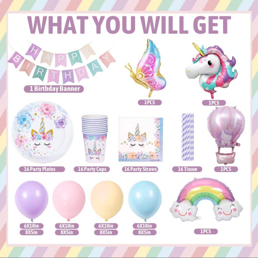 yosiio Unicorn Party Tableware Set, Butterfly Theme Party Supplies, Unicorn Birthday Decoration Set, Paper Plates with Butterfly Balloons for Kids' Birthday Baby Shower 16 Guests - Image 7