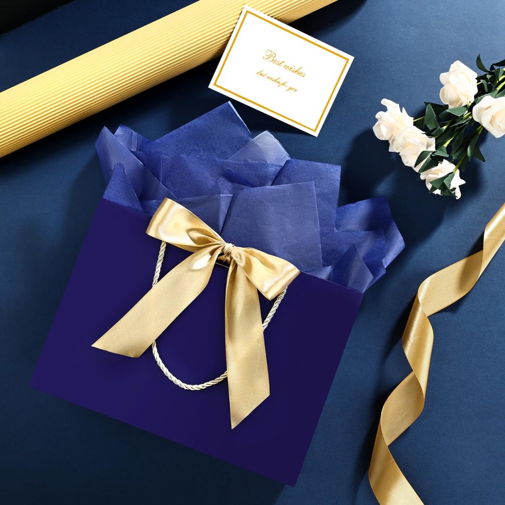 Gift Bags, Medium Gift Bags for Presents with Bow Ribbon, Present Bags with Handles 4 Tissue Papers and 2 Cards for Valentine's Day, Weddings, Birthday, Party, Celebration, Christmas(Blue 2Pcs) - Image 6