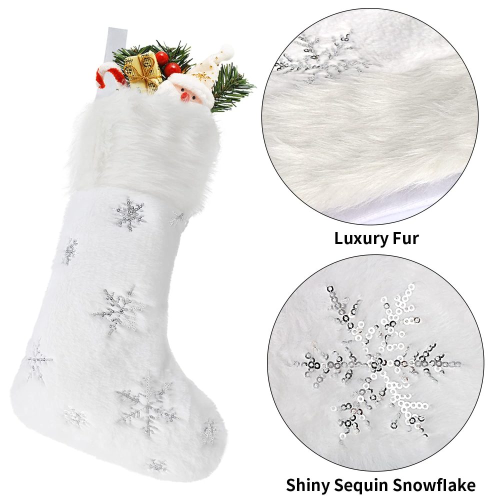 DIYASY 2 Pack Christmas Stocking, Large White Plush Faux Fur Xmas Stockings with Silver Glitter Snow Flakes for Christmas Party Gift Fireplace Tree Decoration - Image 6