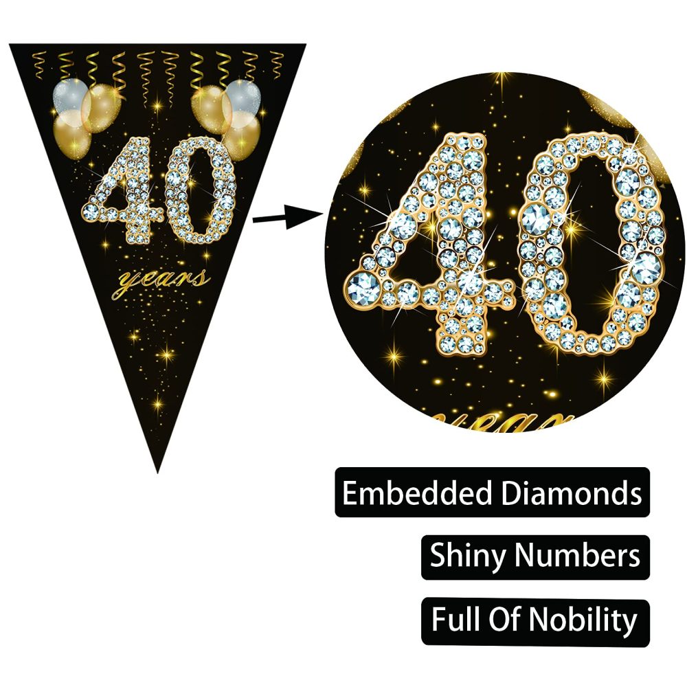 40th birthday bunting, Happy Banner Bunting Flags, 40Pieces Triangle Gold Black Glitter Diamond by Numbers 40th Birthday Anniversary Theme Party Decoration Supplies - Image 6