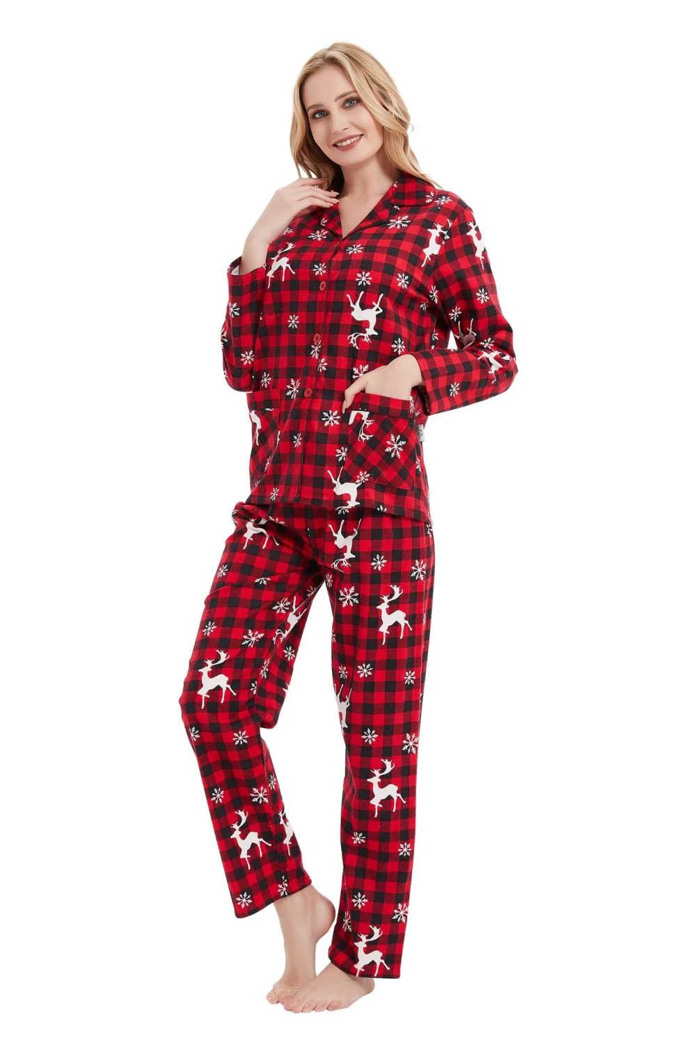 GLOBAL Pyjamas for Women Flannel Cotton Sleepwear long Ladies Pyjamas Sets Button Down LoungewearRed Checks Reindeer,L