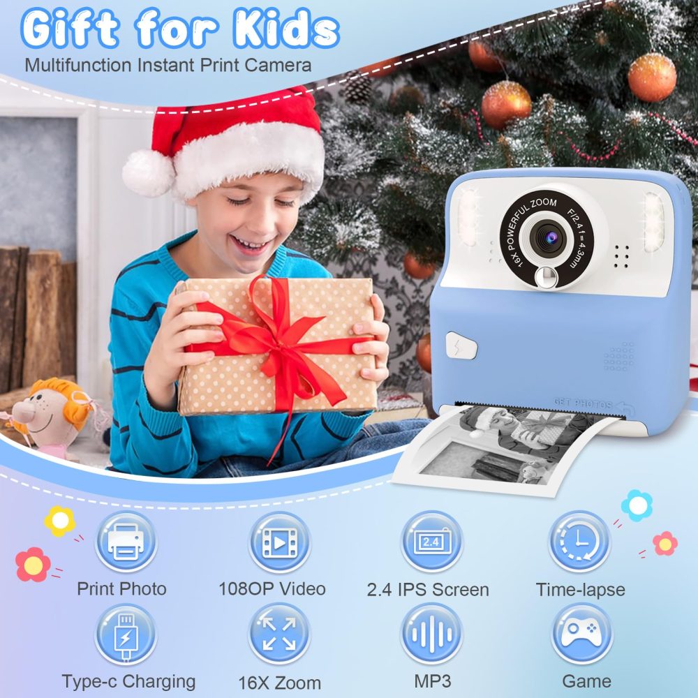 Instant Print Camera for Kids, Christmas Birthday for Age 3-12 Girls Boys Gifts, Children Selfie Camera Print Black&White Photo for 3 4 5 6 7 8 9 Year Old Toddler Toys with 32GB Card (Blue) - Image 7