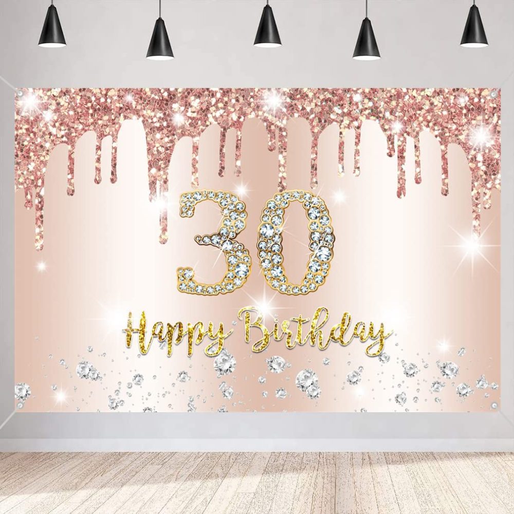 Happy 30th Birthday Decorations Backdrop Banner for Women Happy 30 Years Old Party Fabric Sign Poster Woman Birthday Rosegold Photography Background 30th Birthday Party Supplies, 150x90cm