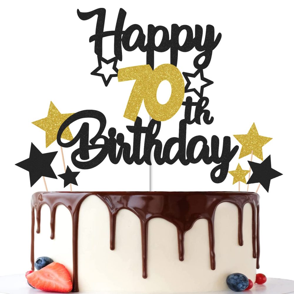 Gidobo 70th Birthday Cake Toppers, Black Gold Glittery Cake Decorations with Stars, Seventy Years Old Birthday Party Supplies for Men and Women