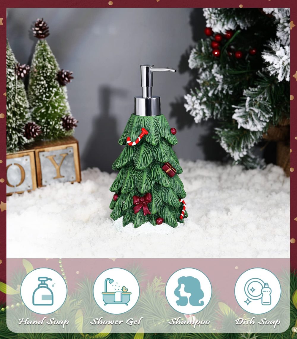 Emibele Christmas Tree Lotion Dispenser, Resin Hand Soap Shampoo Shower Gel Dispenser Bottle, Refillable leak Proof Decorative Pump Bottle for Bathroom Kitchen Countertop 13.5oz/400ml, Green - Image 4