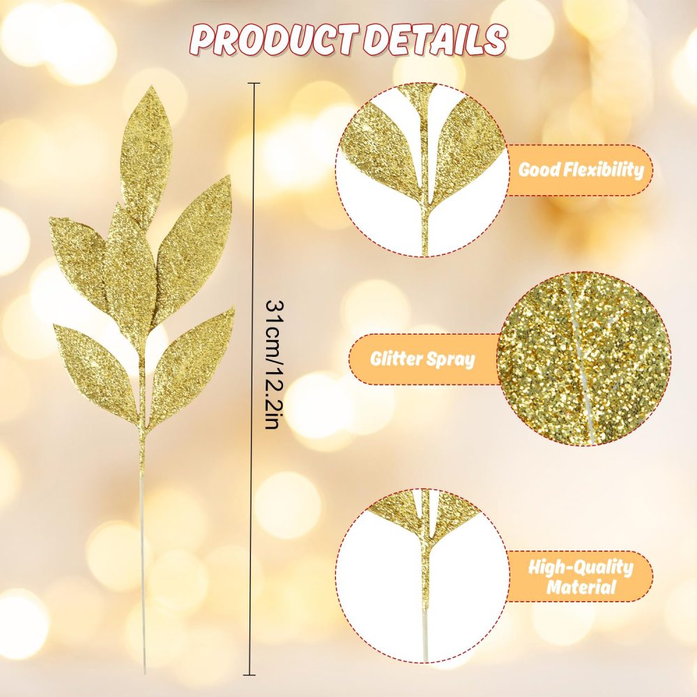 VEYLIN Christmas Glitter Bay Leaf, 12Pcs Artificial Christmas Tree Picks Sprays for Christmas Tree Wreath Floral Wedding Bouquet Decoration(Gold) - Image 7