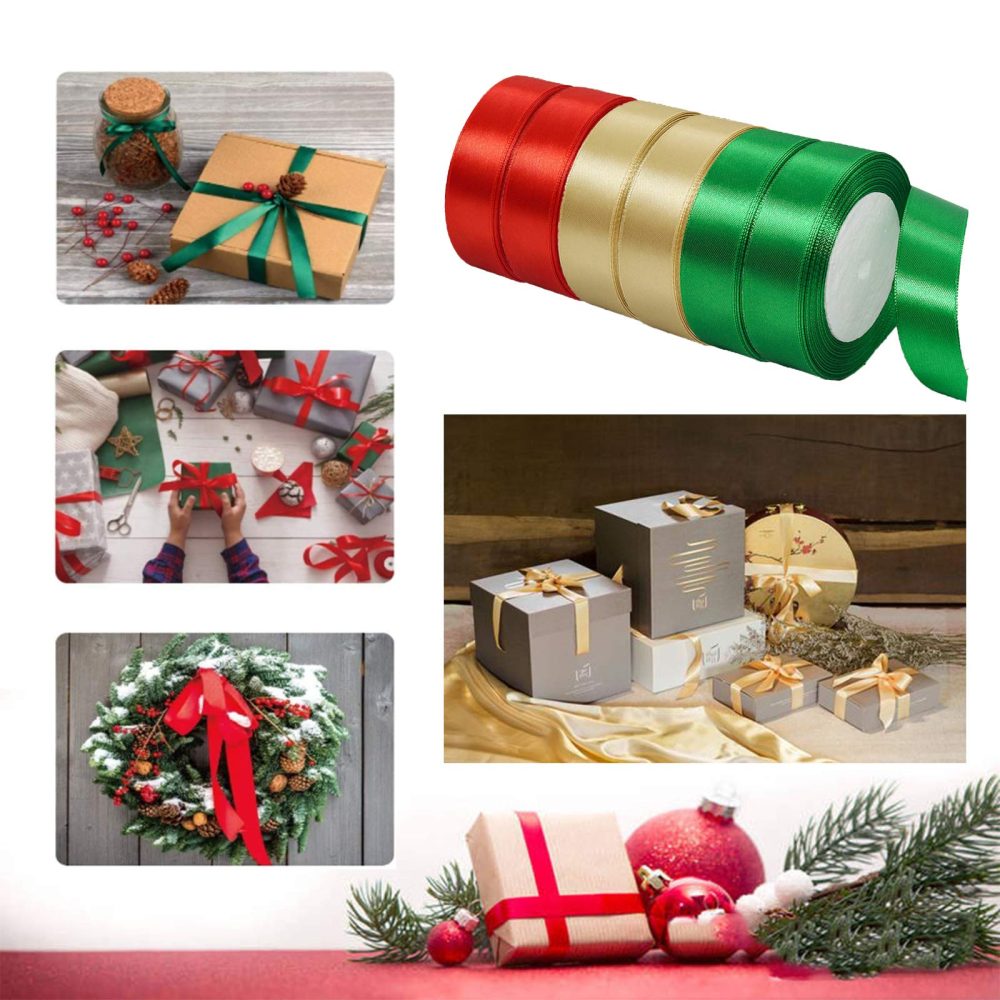 6 x 25mm Wide Gold Red Green Ribbon Thick Christmas Ribbon for Gift Wrapping, 1 inch Gold Red and Green Christmas Satin Ribbon for Present Wrapping Xmas Ribbon Hair Bow Bouquet Craft Decoration Ribbon - Image 5