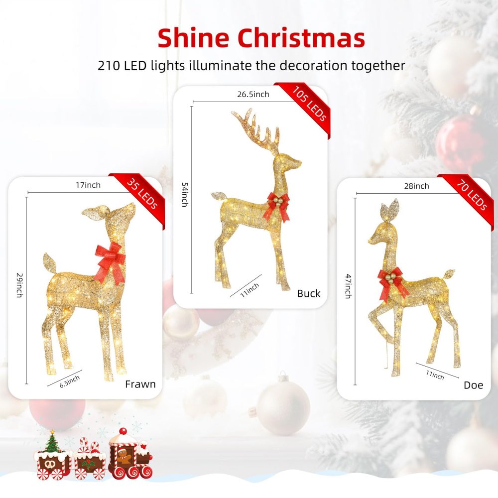 HOYECHI Lighted Christmas Decoration Deer 3 Piece, Light up Christmas Decor Reindeer Family Set for Indoor Outdoor Front Yard Porch with LED Lights, Plug, Extension Cord, Ground Stakes - Gold - Image 5