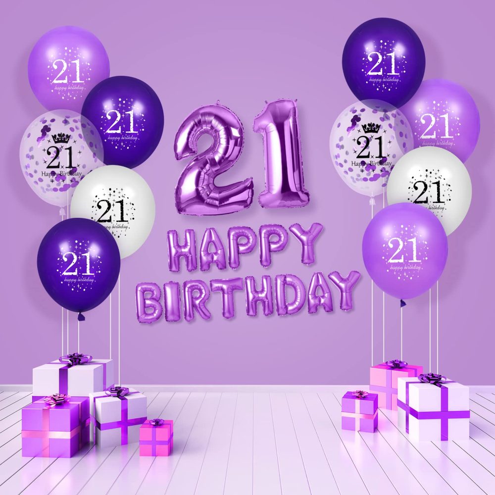 Rumia 21st Purple Birthday Balloons Decorations, 16 PCS Purple White Confetti Latex Balloons for Women Men Happy Birthday Party Wedding Anniversary Indoor Outdoor Party Supplies,12 Inch (21st) - Image 3