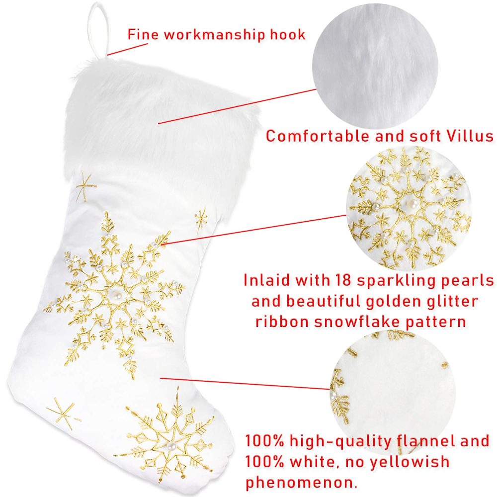 Mauts 20” White Christmas Stockings, Christmas decorations StockingsWith Gold Pearl Snowflakes, Used For Gift Box Mantel Decoration Party Christmas - Image 5