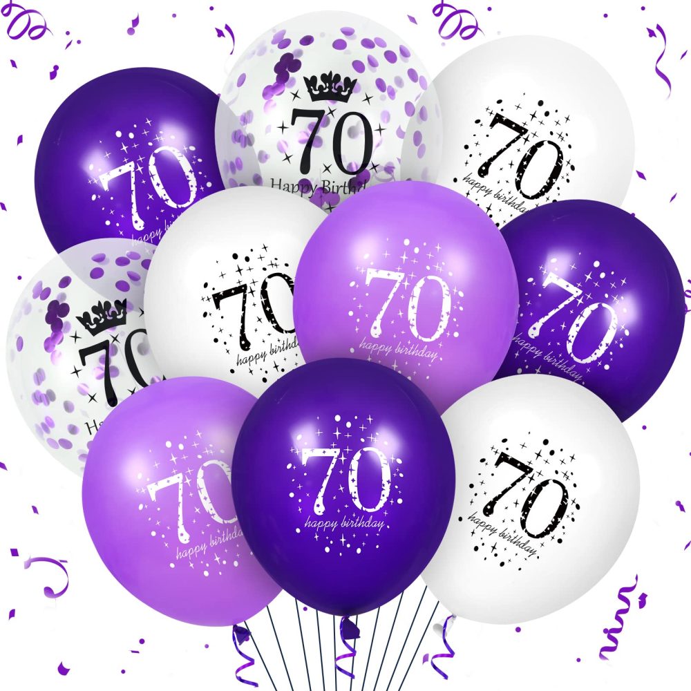 RUMIA 70th Purple Birthday Balloons Decorations, 16 PCS Purple White Confetti Latex Balloons for Women Men Happy Birthday Party Wedding Anniversary Indoor Outdoor Party Supplies,12 Inch (70th)