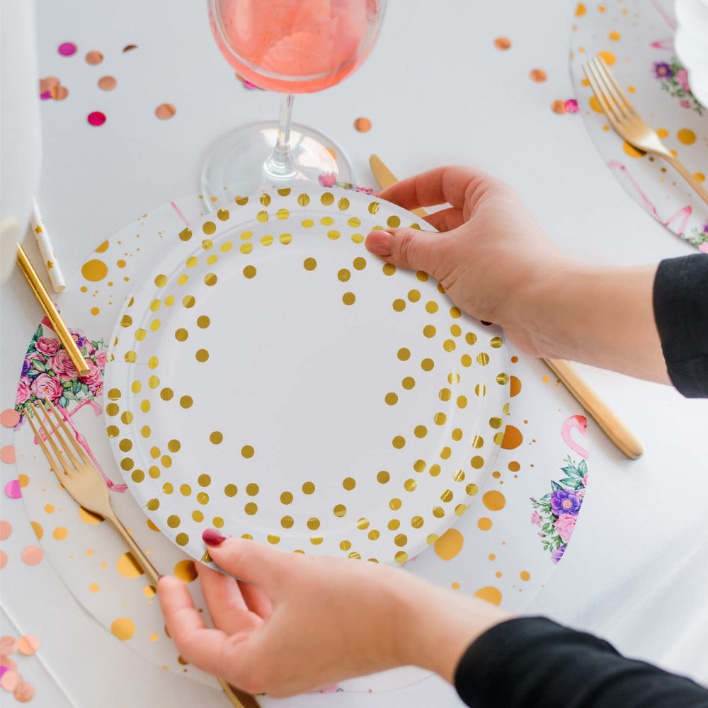 MATICAN Party Paper Plates, 50-Pack Disposable White and Gold Plates, Foil Polka Dots, 9-Inch - Image 2