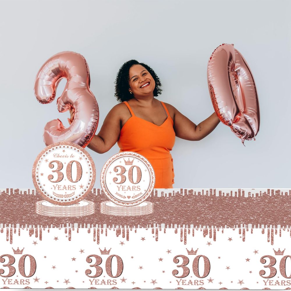 53Pcs Rose Gold 80th Birthday Party Tableware Decorations,80th Birthday Table Cloth Plates and Napkins Cups Sets for Her Women Birthday Table Decorations for 80th Birthday Gifts Dinnerware Supplies - Image 4