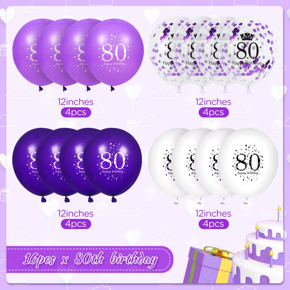 80th Purple Birthday Balloons Decorations, 16 PCS Purple White Confetti Latex Balloons for Women Men Happy Birthday Party Wedding Anniversary Indoor Outdoor Party Supplies,12 Inch (80th) - Image 7